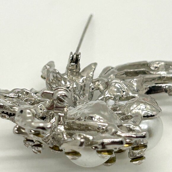 Faux Pearl & Rhinestone Brooch Silver-tone Floral Pin Glam Elegant - Picture 7 of 15